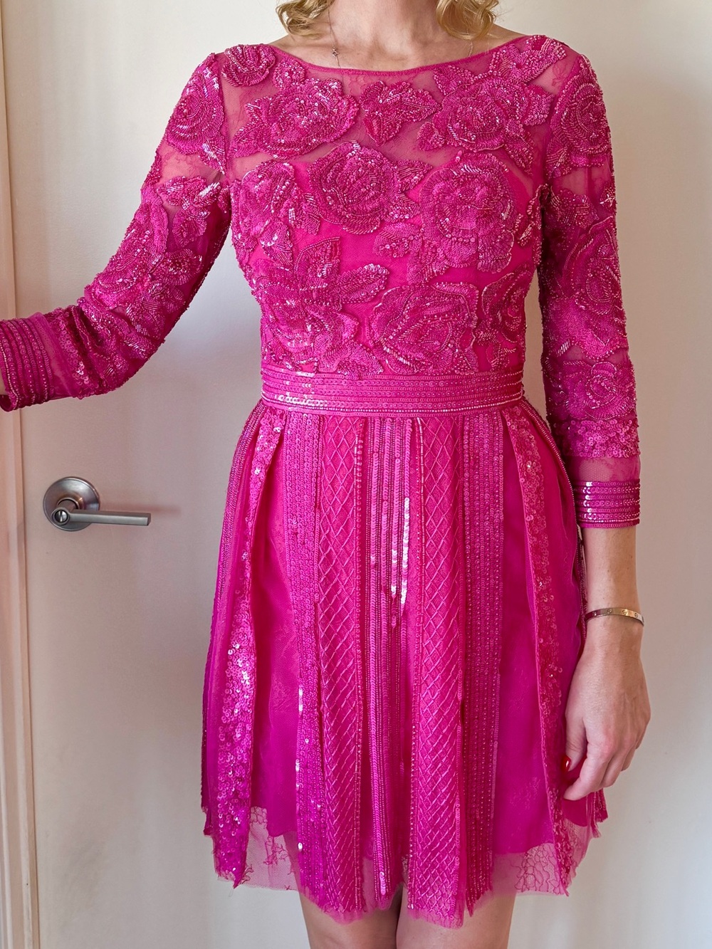 Zuhair Murad Fuchsia Beaded Long Sleeve Cocktail Dress